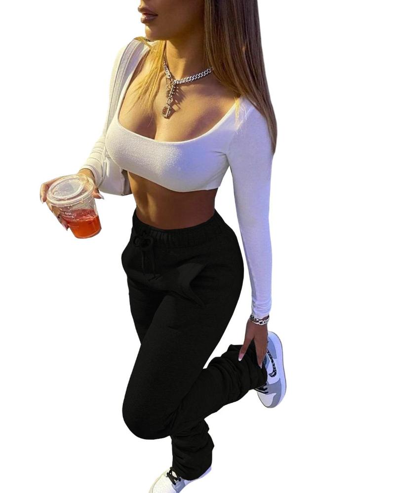 

Women Solid High Waist Drawstring Stacked Pants Bell Bottom Flare Pleated Pants Casual Active Leggings Thick Sweatpants Trousers, Black