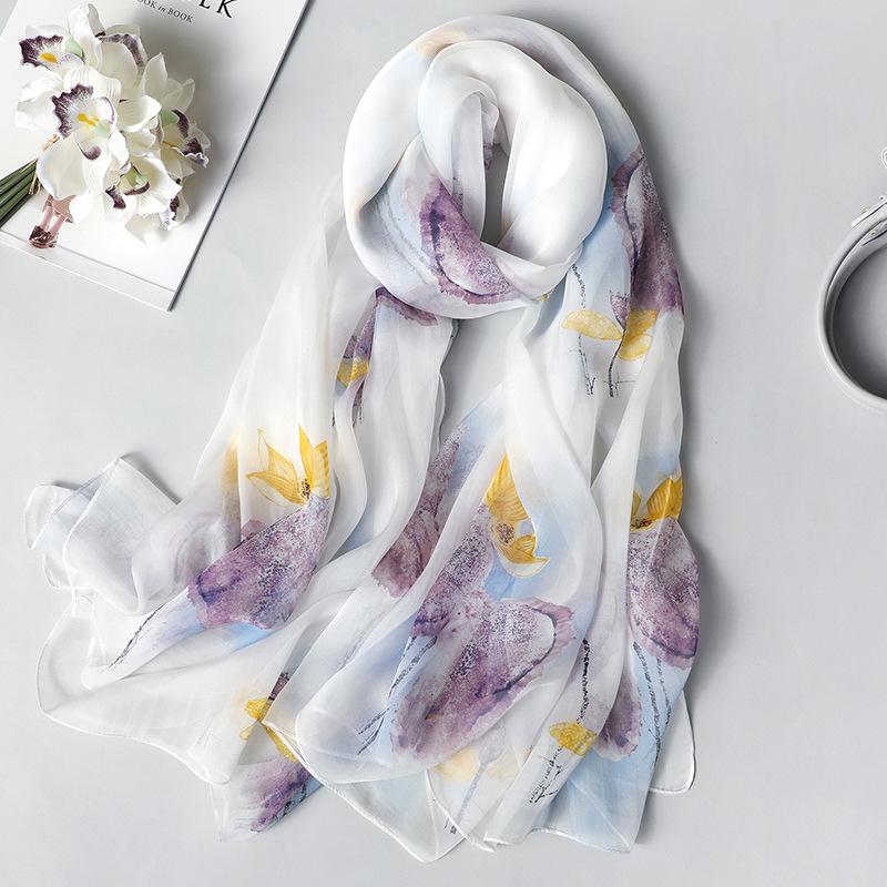 

Scarves Real Zijden Sjaal Voor Vrouwen Nieuwe Mode Bloemenprint Sjaals En Wraps Dunne Lange Dames Foulard Bandana Hijab