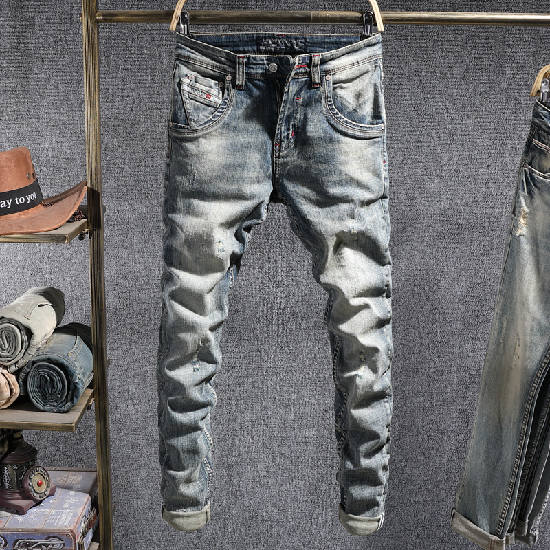 

2021 New Italian Style Fashion Men Jeans Retro Elastic Ripped Cotton Denim Pencil Pants Newly Vintage Designer Slim Fit Long Trousers Ywca, Retro blue