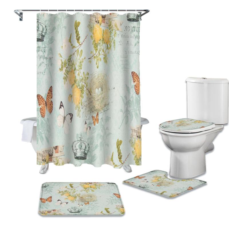 

Vintage Retro Flower Butterfly Bird Waterproof Shower Curtain Rug Set Non-slip Bath Mat Toliet Cover Polyester Shower Curtain
