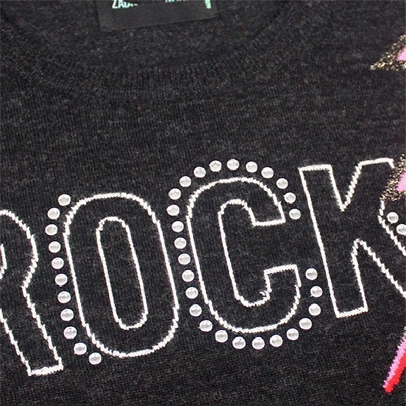 

Beading Letter Graphic Sweater Women Autumn Winter Long Sleeve O Neck Black Pullover Casual Vintage Rock Sweaters Tops 201203, Bk