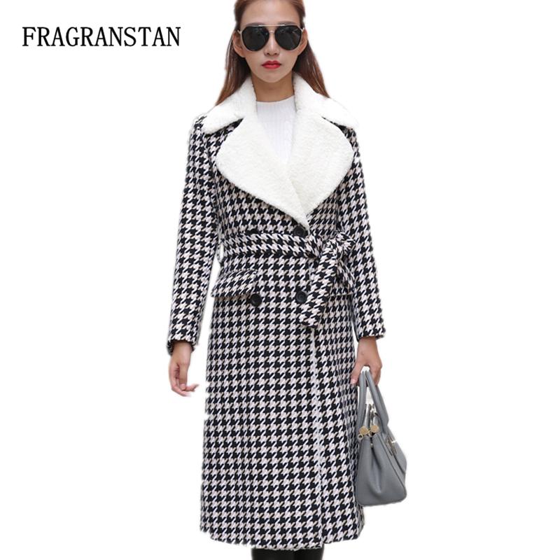 

Women Autumn Winter Houndstooth Lambs Wool Woolen Coat Female Casual Slim Thick Keep Warm Jacket New Lace-up Plaid Vestidos Y170, Black