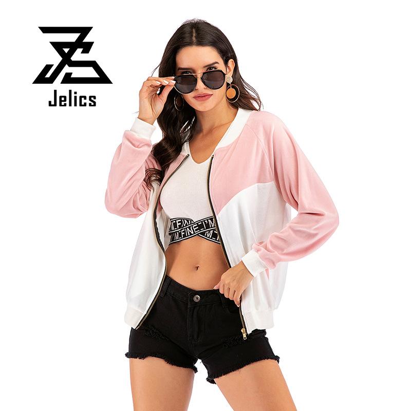 

Jelics Spring Autumn Long Sleeve Basic Jacket Coat Pink Patchwork O-neck Zipper Outwear Female Fashion Casual Coat