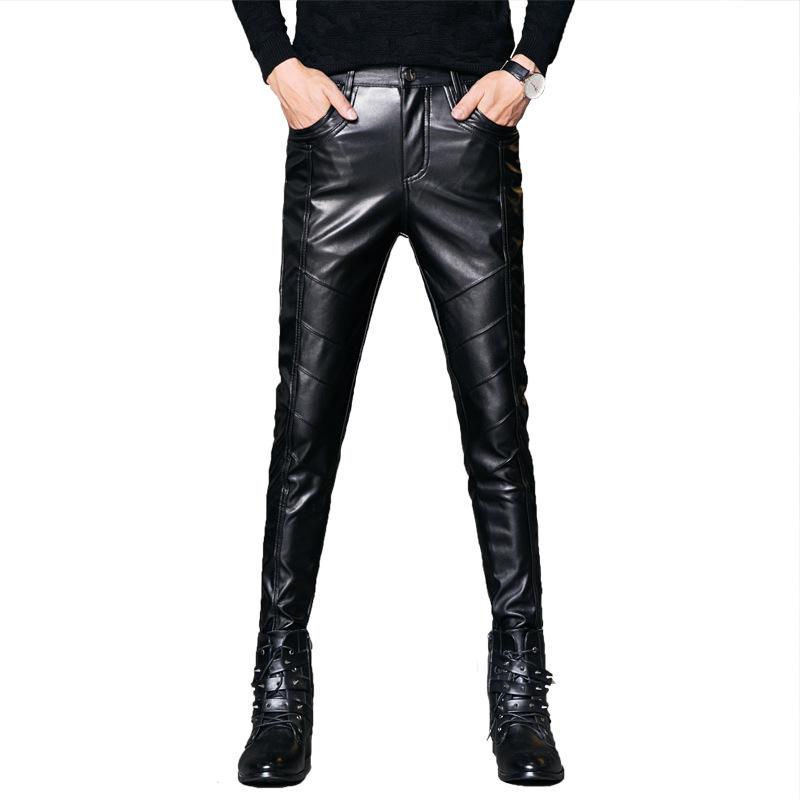 

2021 Men's Autumn and Winter Slim Elastic Skinny Leather Pants Youth Stitching Tight Fashion PU Leather Pants, Black