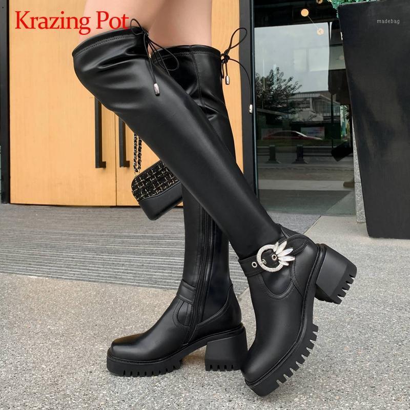 

Krazing pot equestrian boots real leather buckle decorations popular stretch lace up platform dress over-the-knee-high boots L251, Black