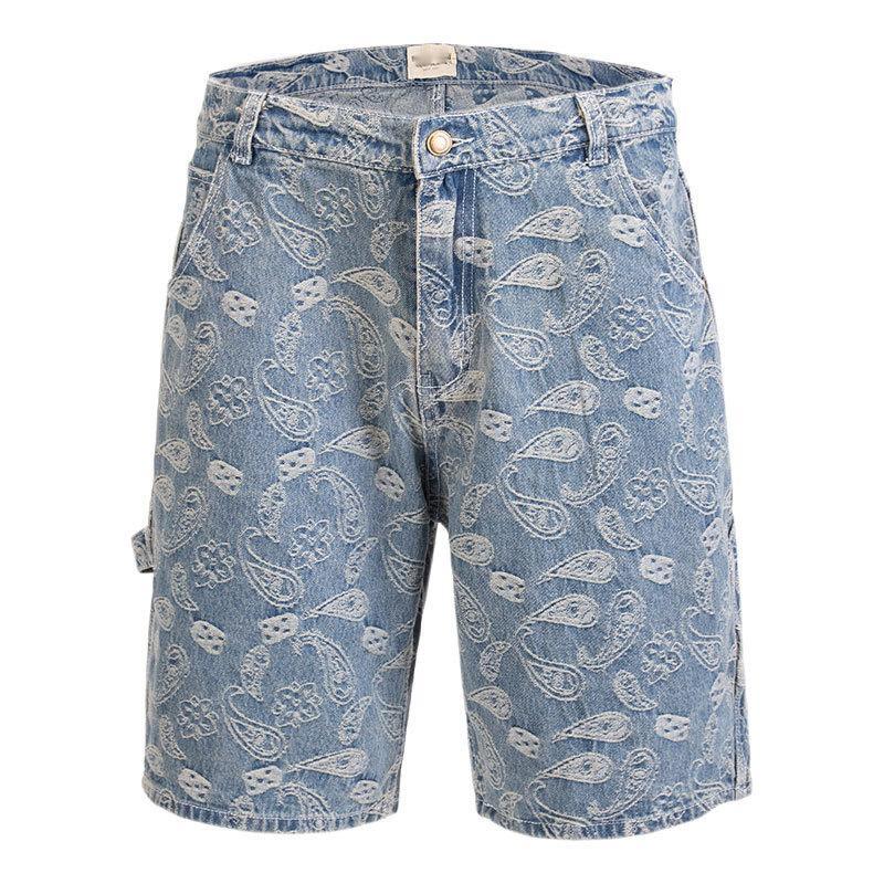 

Men' cashew flower Jeans Shorts summerHip Hop Pants polyester cotton casual shorts regular pockets knee length, Blue