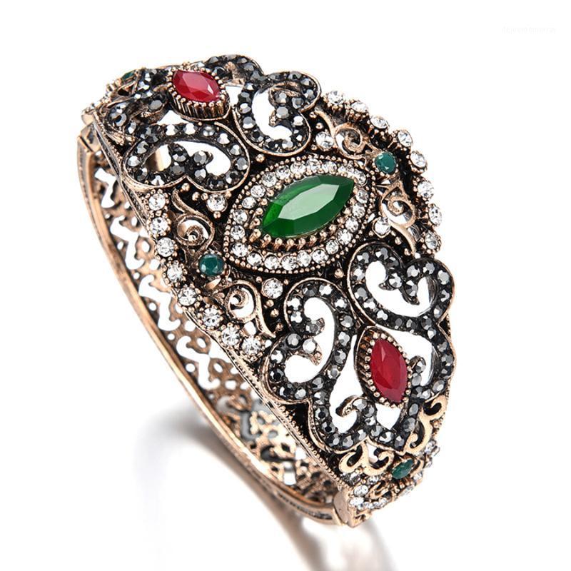 

Turkish Jewelry Wide Big Size Green Red Resin Bangles Antique Gold-color Vintage Retro for Women Crystals Bracelets1