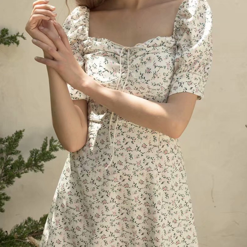 

2021 New New Square Turtleneck Women's Summer Flowers Sleeve Short Cut Mini Sexy Thin Dress Feminine F0cg