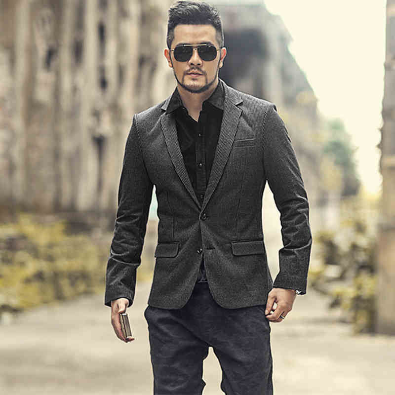 

2021 The New New Winter Fall of Casual Thin Black Male Wool Striped Business Gentleman British Style Suit for Men Blazer Wedding Hua3, Charcoal grey strip