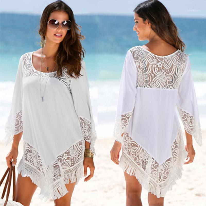 

Lace Patwork Tassel Beach Tunics Women Bikini Cover Ups See Through Loose A Line Beach Dress Plus Size Summer Holiday coverups1