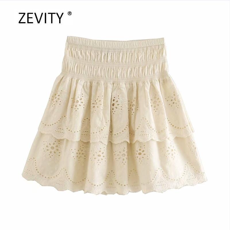 

Zevity Women fashion hollow out embroidery ruffles mini skirt faldas mujer ladies elastic waist solid chic casual skirts QUN647, As pic qun647cc