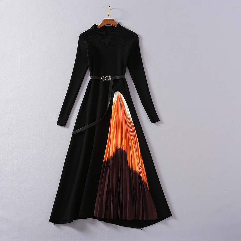 2021 Spring Newest Luxury Long Sleeve Dress Black Solid Color Round Neck Belted Pleated Knitted Mid-Calf Runway Dresses J27231126
