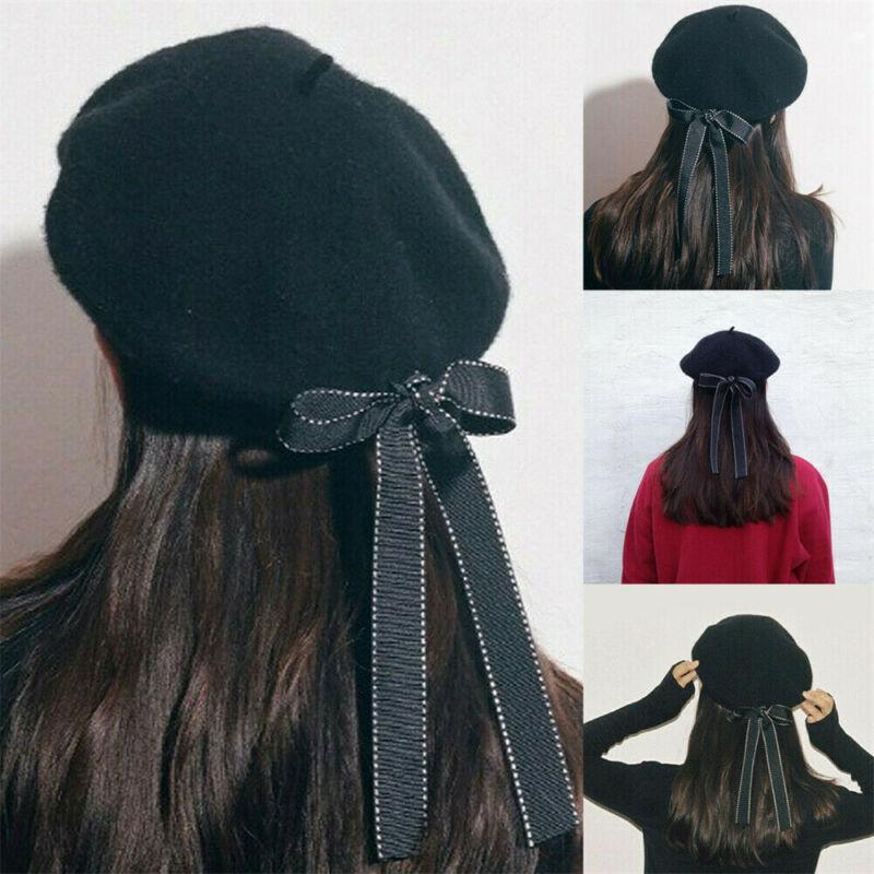 

New Womens Black Harajuku Beret Hats Ladies Dream princess long Bowknot Fashion Wool Basque Beret Hat