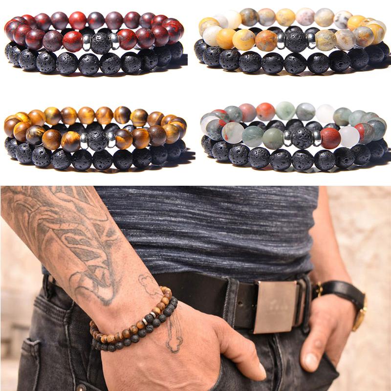 

2pcs/set Vinatge Natural Tiger Eye Stone Beads Bracelet Black Lava Stone Beads Energy Yoga Bracelet Jewelry for Women Men Gifts