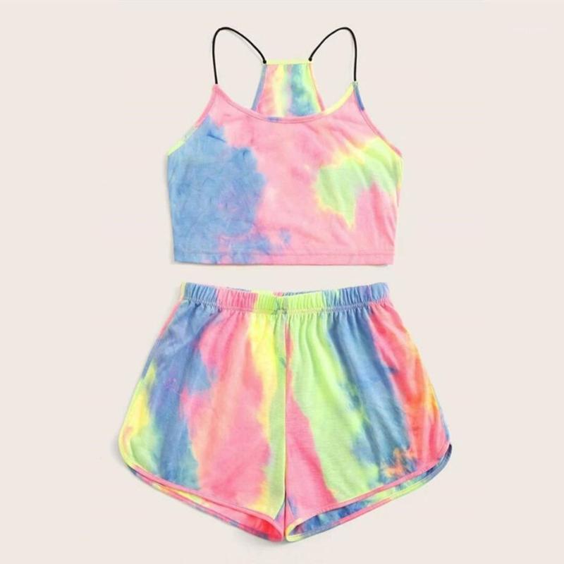

Woman Tie-dye print sexy tank top+hot shorts 2 two piece set 2020 summer women tracksuit Strappy crop tops streetwear#31, Pink