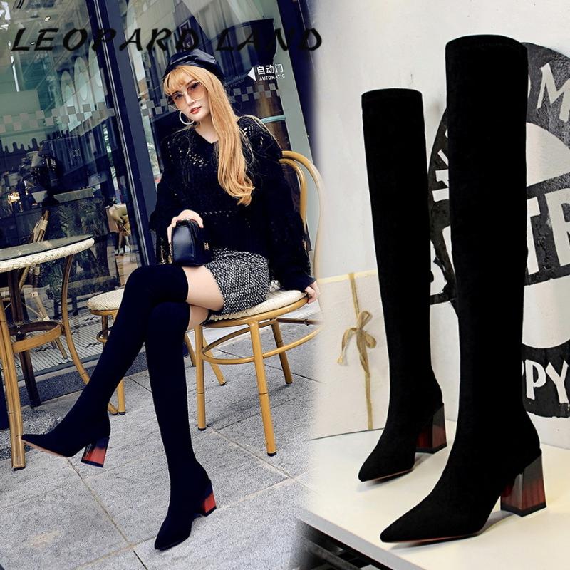 

LEOPARD LAND Fashion Simple Chunky High Heel Suede Pointed Sexy Nightclub Slimming Pedicure Over-the-Knee Boots DS-1718-12, Black