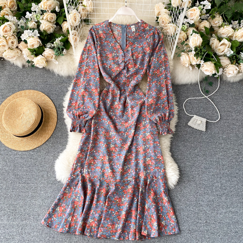 

2021 New Vintage female floral impression neck puff the line dressed autumn dress long style LU1C, Apricot