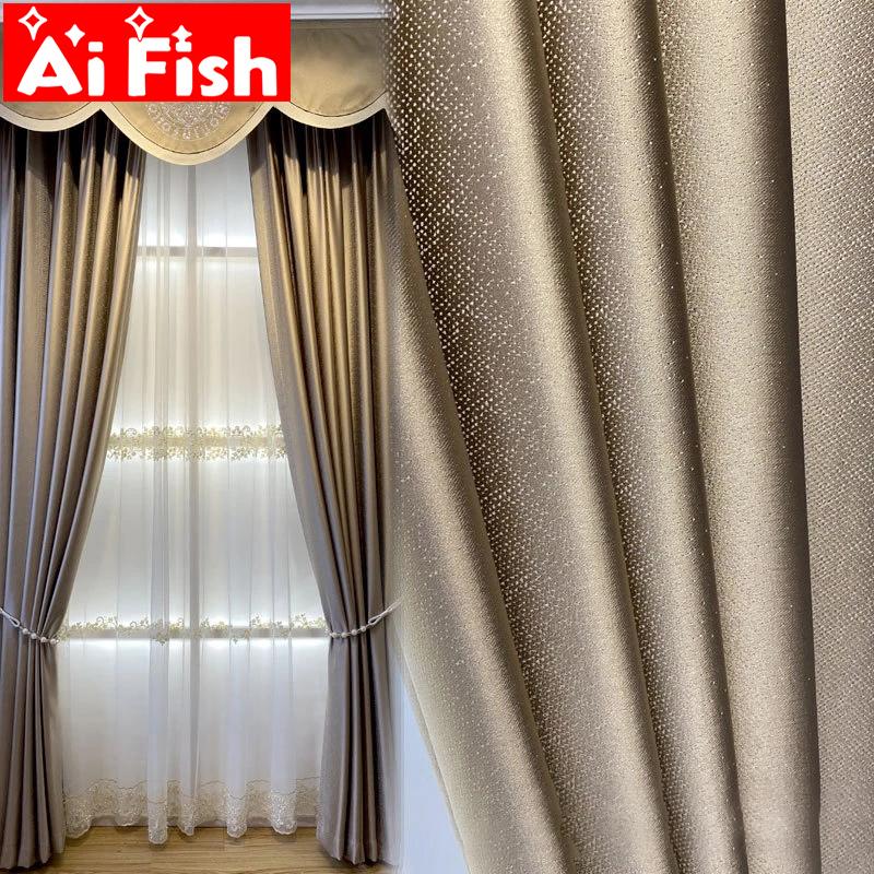 

Modern Solid Light Coffee Color with Golden Shiny Blackout Bedroom Curtains White Luxury Embossed Embroidered Beads Tulle #20