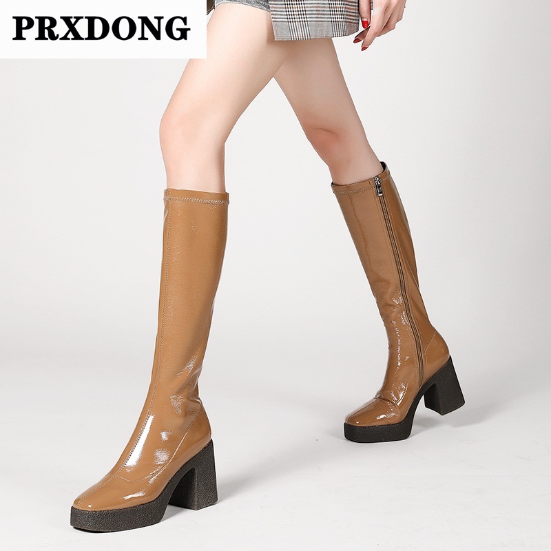 

new brand women long boots sexy square high heels platform shoes woman black brown zipper knee high boots shoes big size 34-41