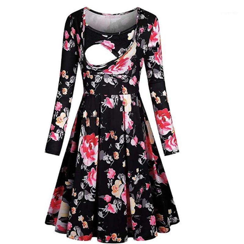 

2020 Maternity Nursing Dress For Pregnant Women Long Sleeve Ruffled Breastfeeding Clothes Printed Dress Vestdios Spring Autumn1, Black