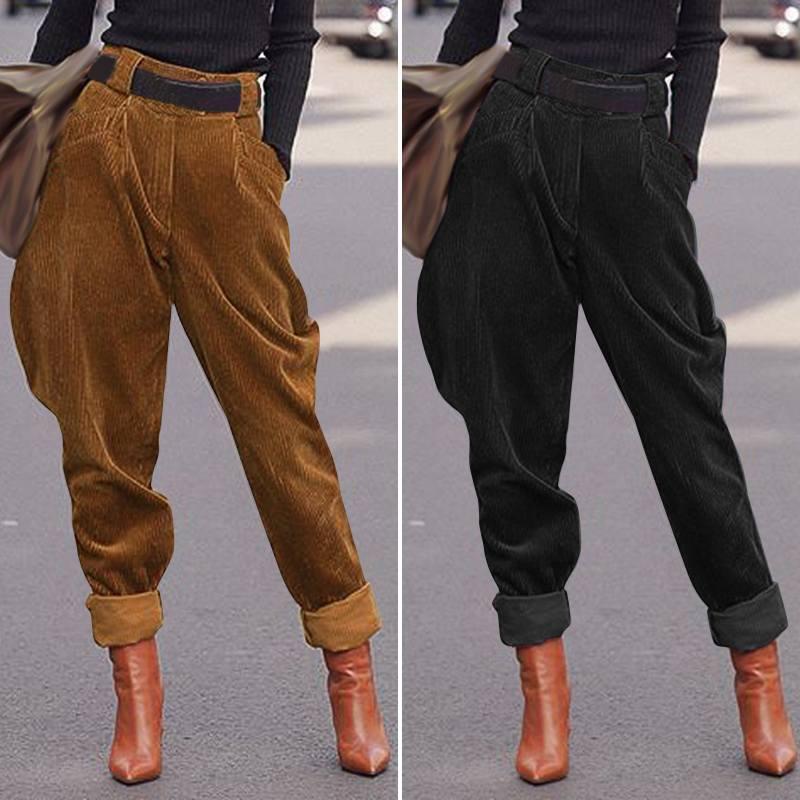 

Celmia Corduroy Harem Pants Women Vintage Elastic High Waist Solid Trousers Autumn Casual Pocket Streetwear Femme Plus Size Pant, Black