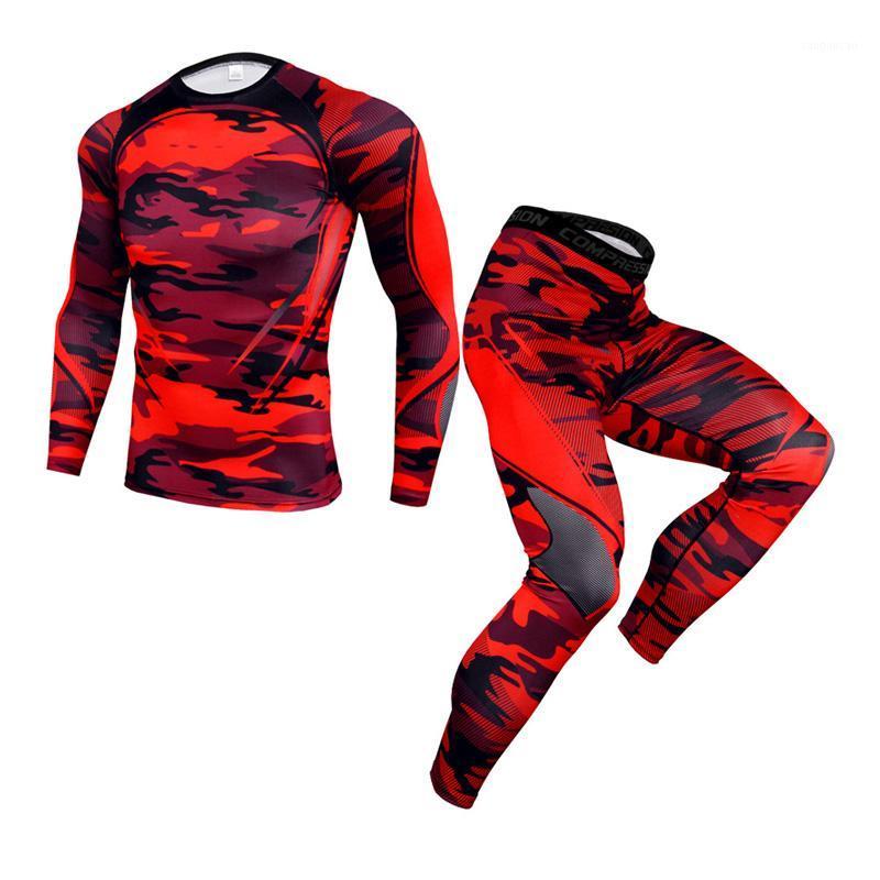 

Red camouflage T-shirt men' quick-drying sweatshirt cycling sports training suit compression fitness long sleeve suit jogger1, A piece
