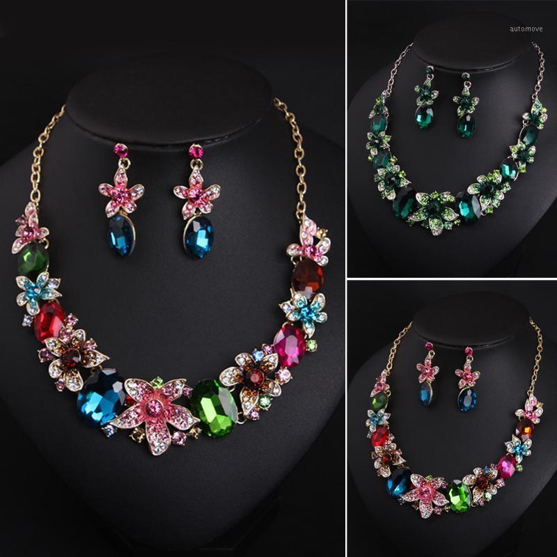 

Colorful Flowers Crystal Rhinestone Statement Jewelry Set Wedding Bib Choker Necklace Earrings Bridal Women Party Accessory Gift1, As pic