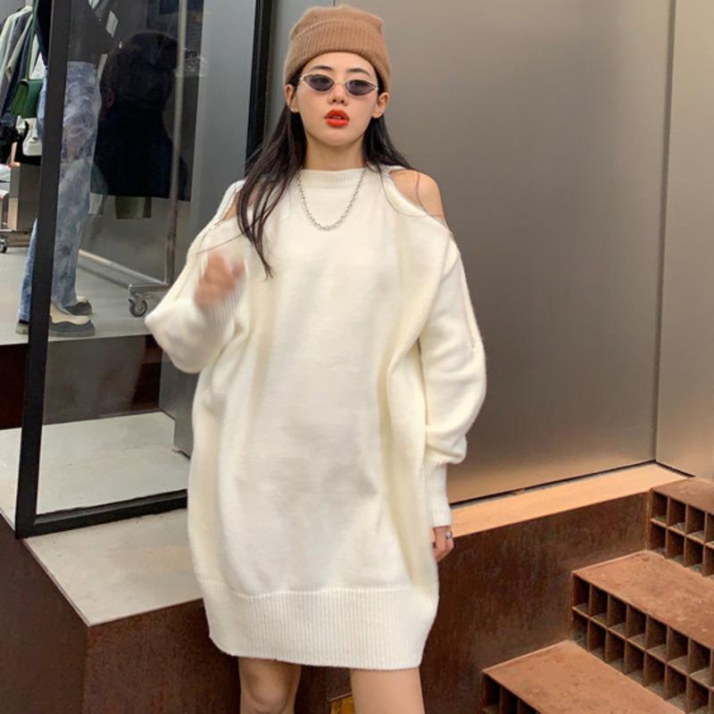 

2021 Autumn And Winter New Off Shoulder Loose Knitted Cloth White Color Long-sleeved Above-knee Dress For Women D073, Black