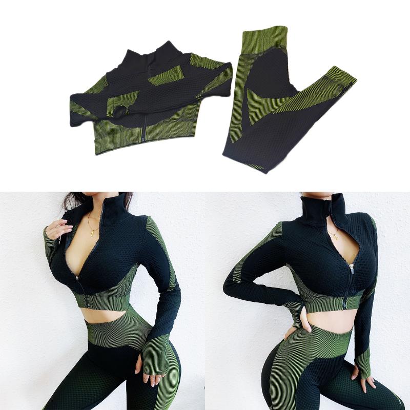 

2 Pcs Seamless Workout Clothes for Women Full Zipper Long Sleeve Yoga Set Gym Fitness Workout Sportswear, Green