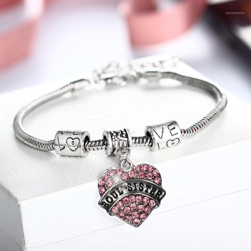 

Fashion Clear Crystal Pink Soul Sister Charm Heart Bracelets Bangles Rhinestone Women Beads Jewelry Gifts Family Pulseira Femme1