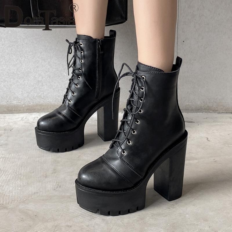 

DORATASIA New Ladies Thick High Heels Ankle Boots Fashion Platform Boots Women Zip Cross Tied Party Office Sexy Shoes Woman, Black