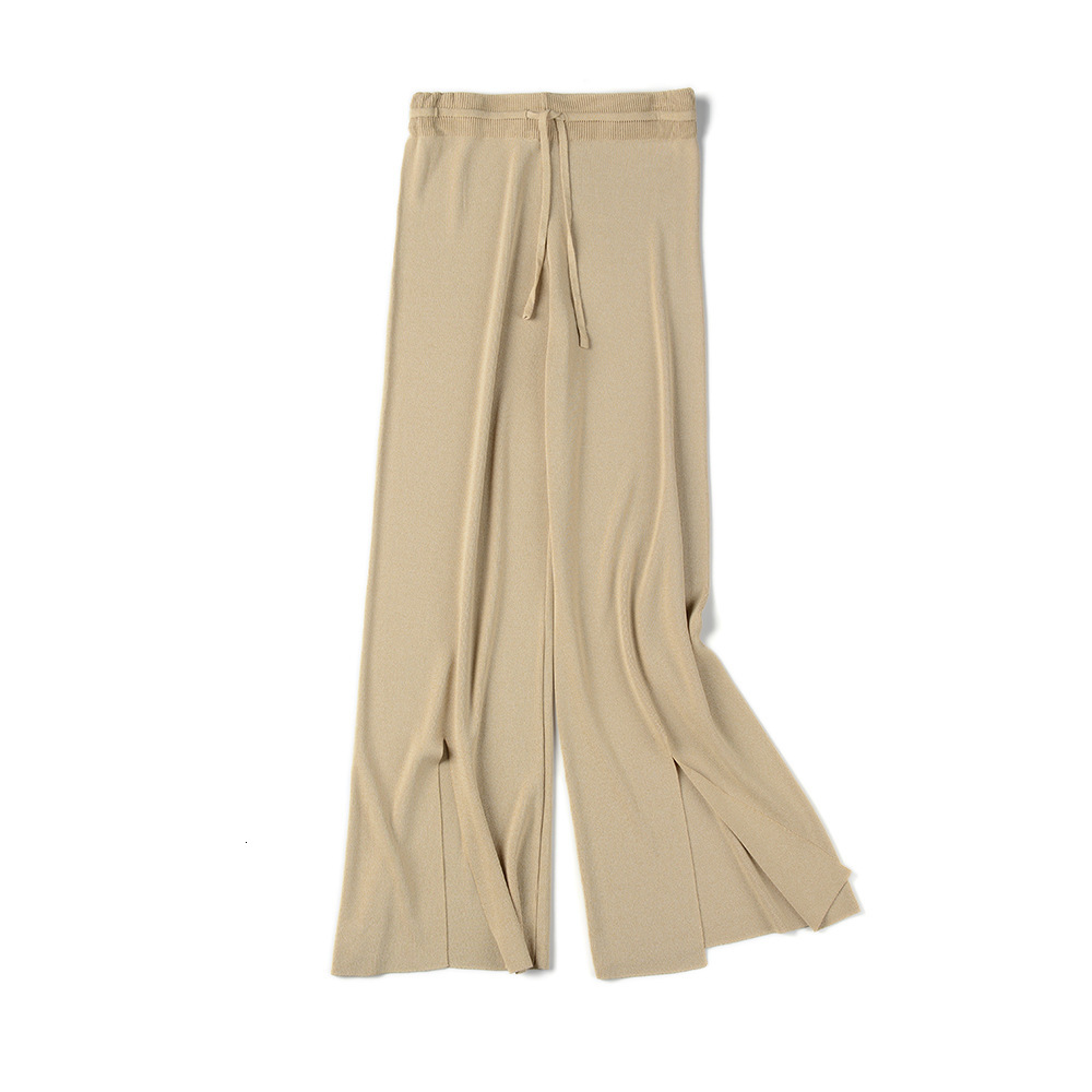 

2021 New Women Summer Ice Silk Thin Knit Trousers Wide Leg Loose Ankle Length Casual Trouser Elastic Waist Pleated Pants 84hn, Khaki