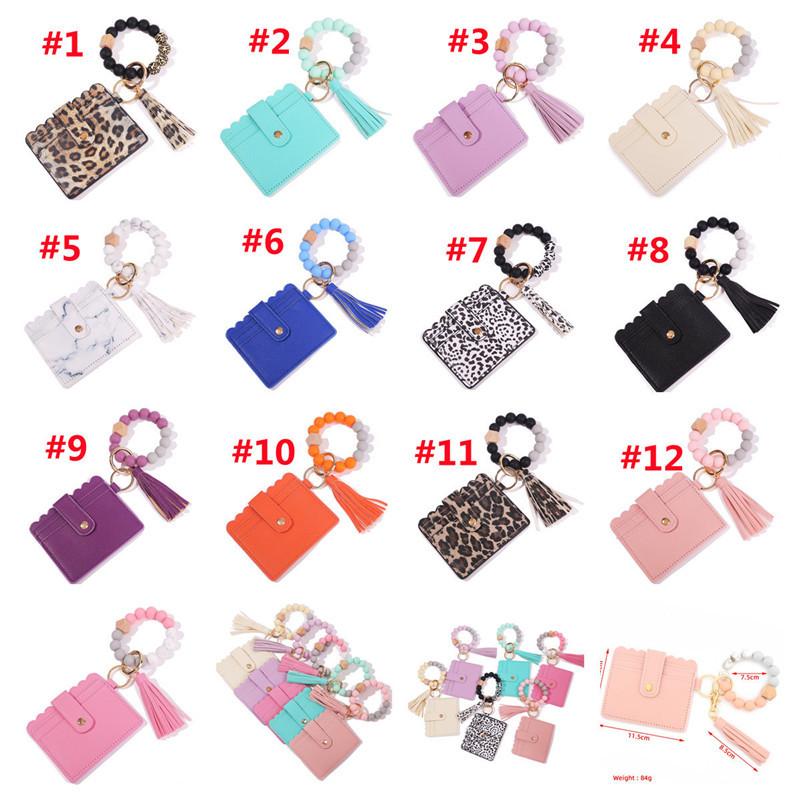 

Silicone Bead Bracelet Favor Leopard Card Bag Wood Beaded PU Leather Tassel Keychain Portable Ladies Wallet with Snap