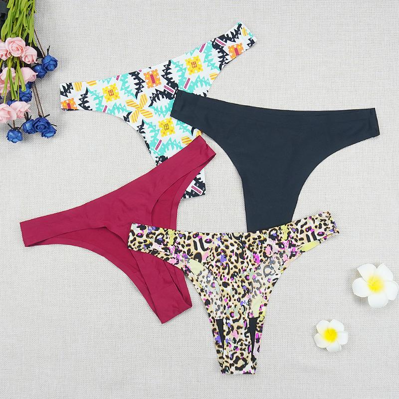 

Seamless Tangas Panties Thongs Women Sexy G-String Intimate Ice Silk Leopard Print Sporty Low-rise T Panty Female Underwear, Beige