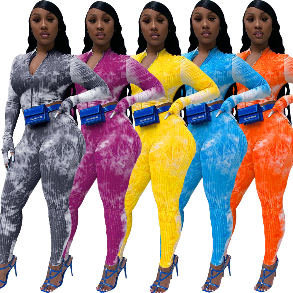 

Women Tracksuits Two Pieces Set Sexy Cute Tie dye Tight High Waist Long Sleeve Finger 5 Colors Ladies Outfits New, White