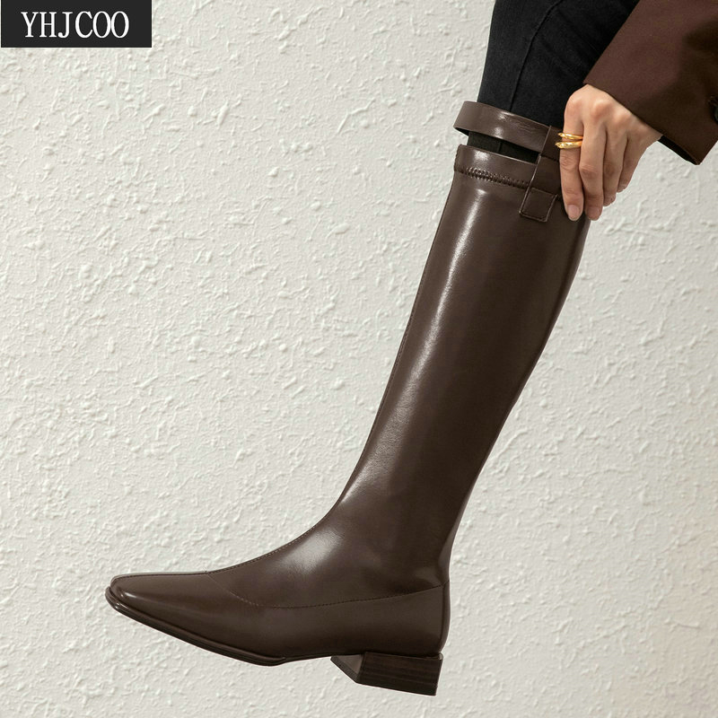 

New arrival Knee High Boots Women Low Heels Knight boots Autumn Winter Riding Fahion Sexy Buckle Shoes Woman Plus Size 43, Beige