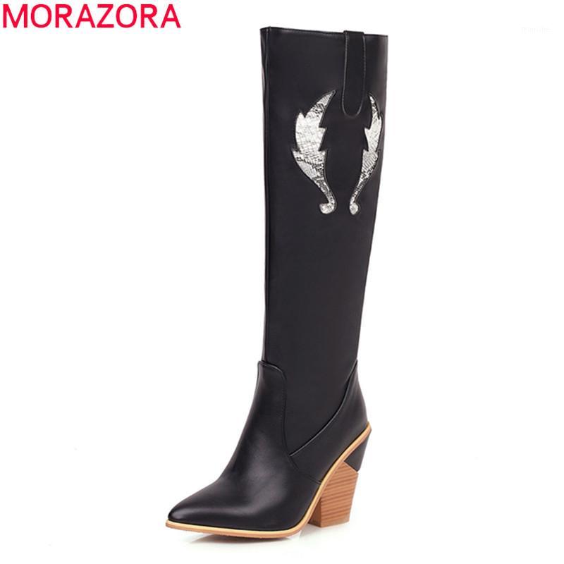 

MORAZORA 2020 New hot sale fashion knee high boots pointed toe thick high heels ladies shoes black white winter women boots1