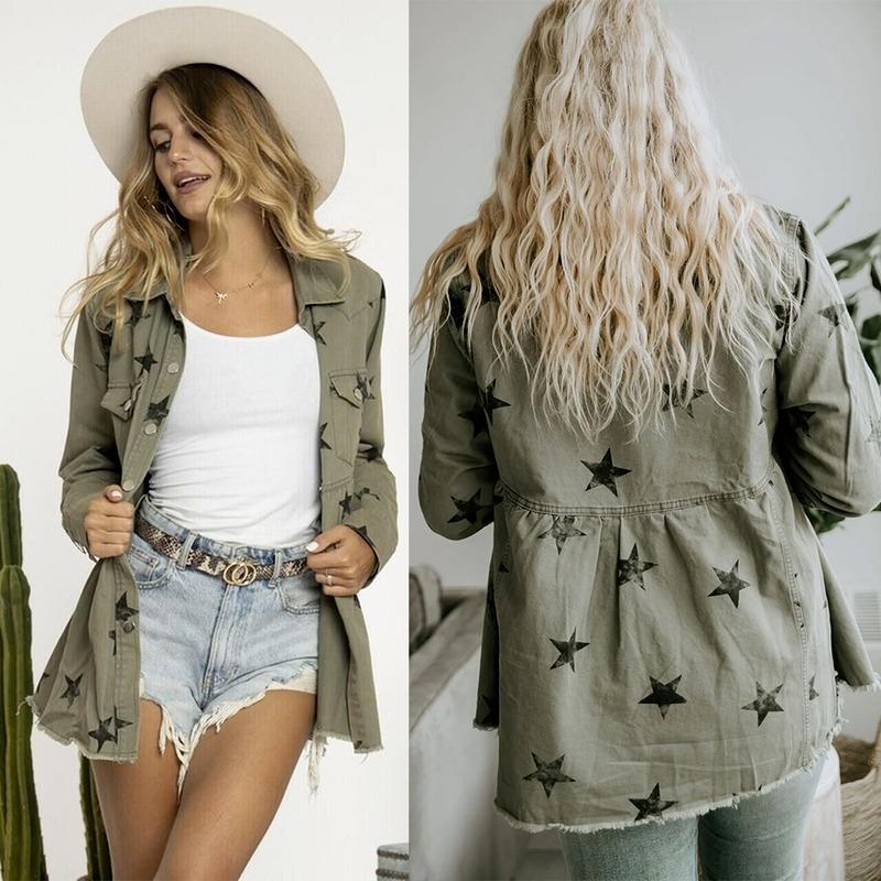 

Women' Jackets 2021 Star Print Denim Jacket Fall Fashion Long Sleeve Lapel Single Breasted Loose, Green
