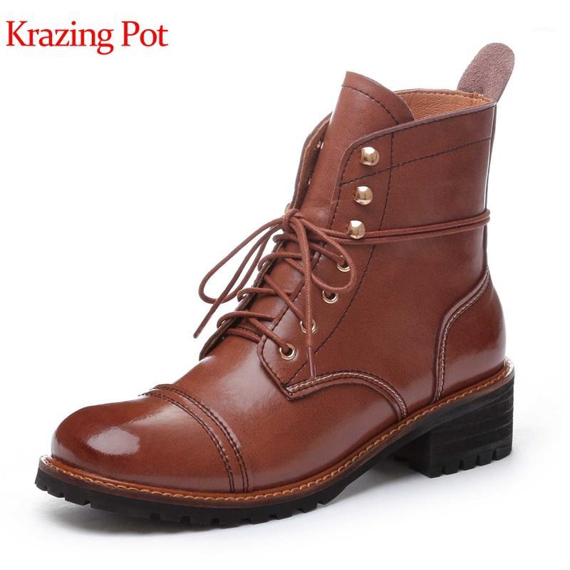 

Krazing pot genuine leather winter round toe med heels motorcycle boots cross-tied rivets lace up vintage ankle boots l361, Black