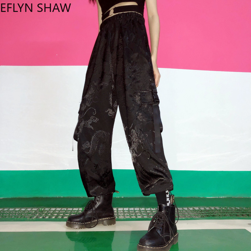 

2021 New Dark Black Portrait Female Influencer Dragon Print Streetwear Harem Slacks Beam Male Foot Lovers Pants TXK2