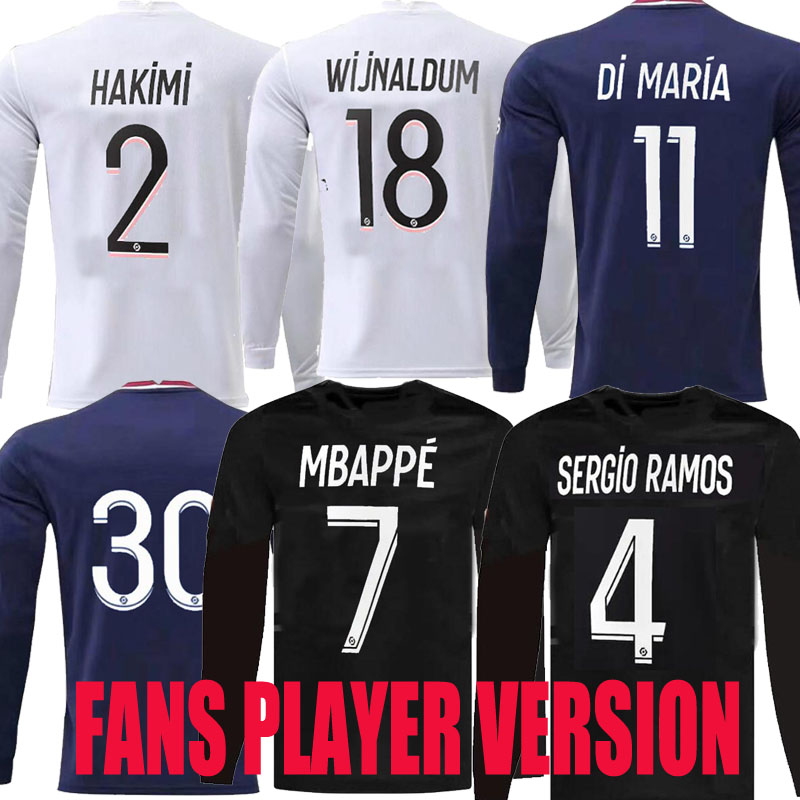 

Long sleeve 21 22 FANS Player version adult soccer Jerseys Maillots football 2021 2022 SERGIO RAMOS MBAPPE ICARDI shirt Wijnaldum maillot de foot PsGS WOMEN Hakimi, Home