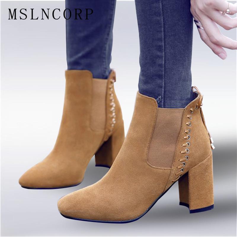 

Size 34-43 New High quality Women Genuine Leather Ankle Boots Ladies Party Nubuck Leather Elastic Slip On high heels Shoes Pumps1, As photo thick fur