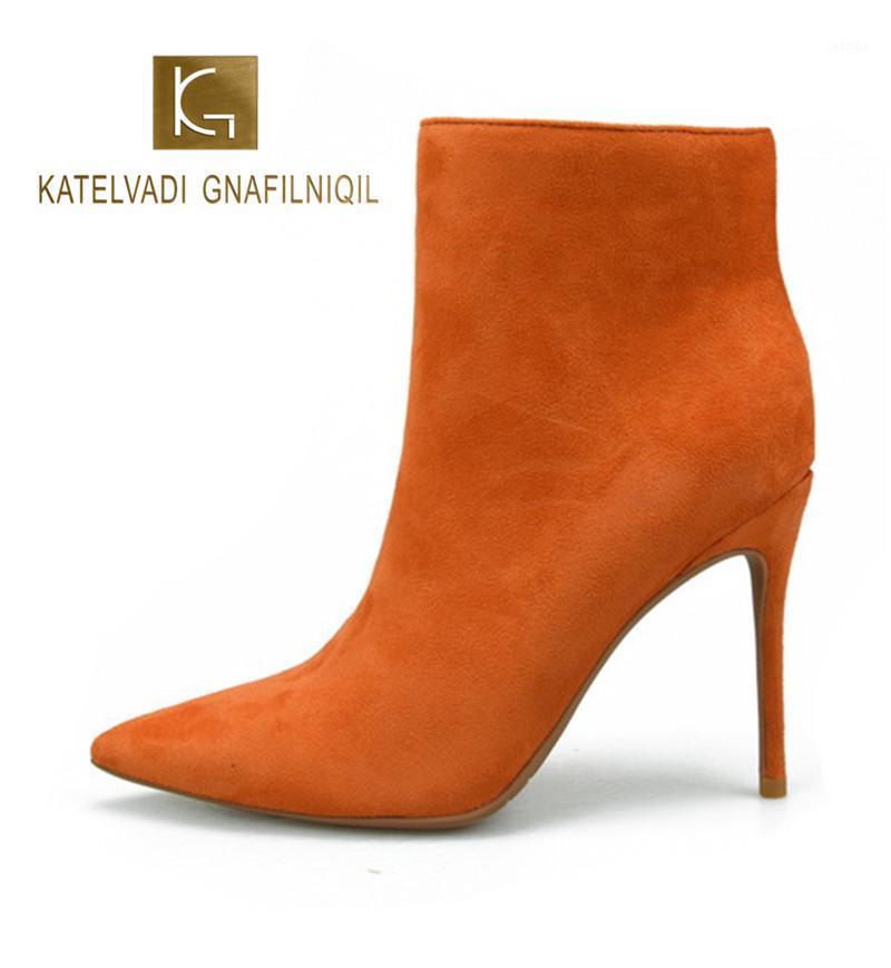 

KATELVADI Ankle Boots for Women Pointed Toe Orange Flock Boots 10CM High Heel Shoes Woman Fashion K-4801, Orange 8cm