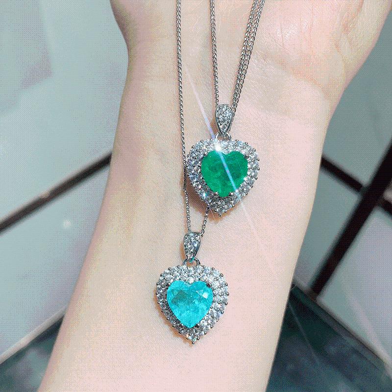 

Chains 925 Sterling Silver Heart Shaped Paraiba Tourmaline Emerald High Carbon Diamond Pendant Necklace For Women Fine Jewelry 10*10mm