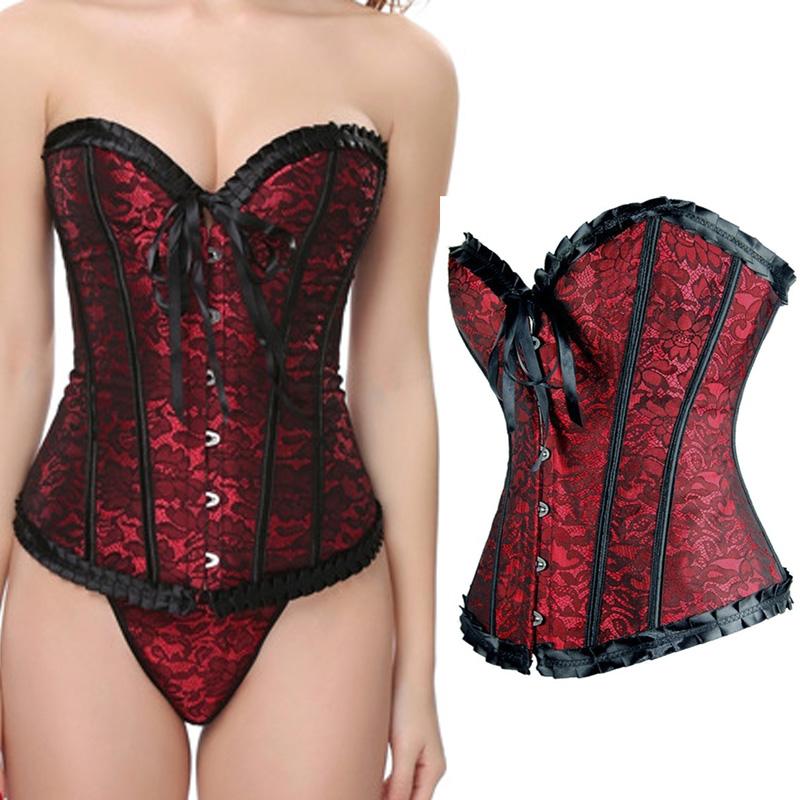 

Women Corset Waist trainer Lace Sexy Corset Vintage Style Overbust Corsets and Bustiers Floral Lace Up Top Lingerie, Red
