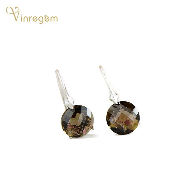 

Vinregem 100% 925 Sterling Silver Round Cut Smoky Quartz Gemstone Wedding Engagement Dangle Earrings Fine Jewelry Wholesale