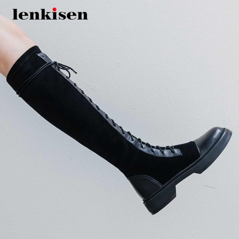 

Lenkisen riding boots real leather mixed cloth handmade round toe thick med heel lace up beauty lady mature knee high boots L2f21, Black 1