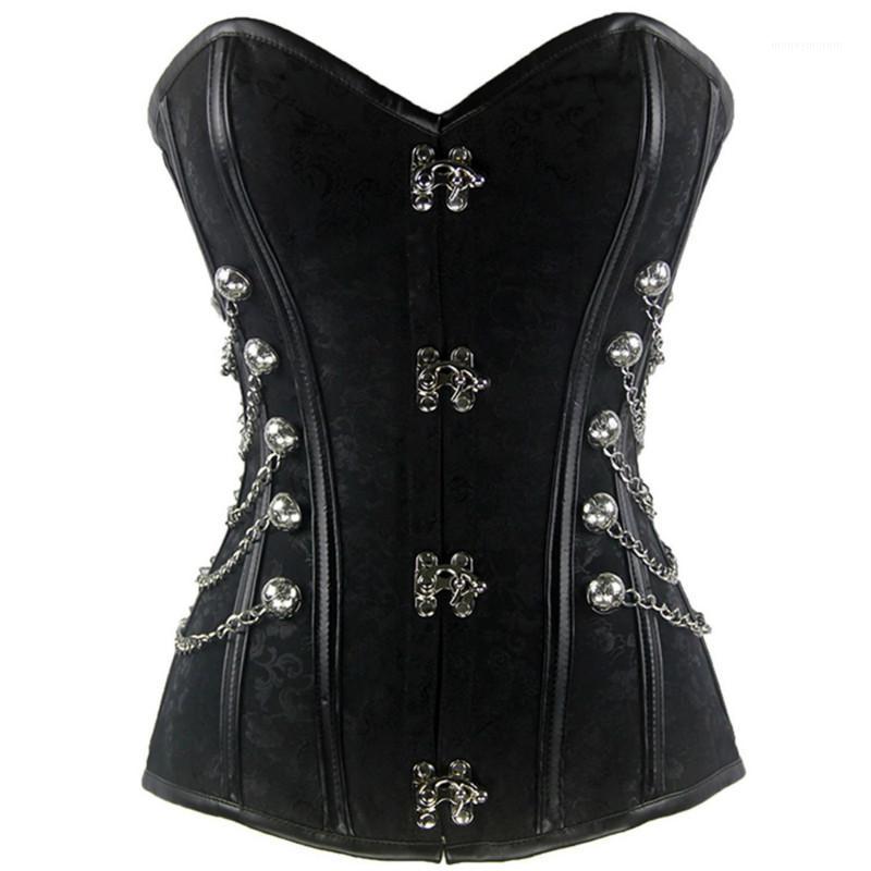 

Black Gothic Overbust Steampunk Corset with Chains Steel Boned Bustier Gothique Clothing Plus Size Costume1