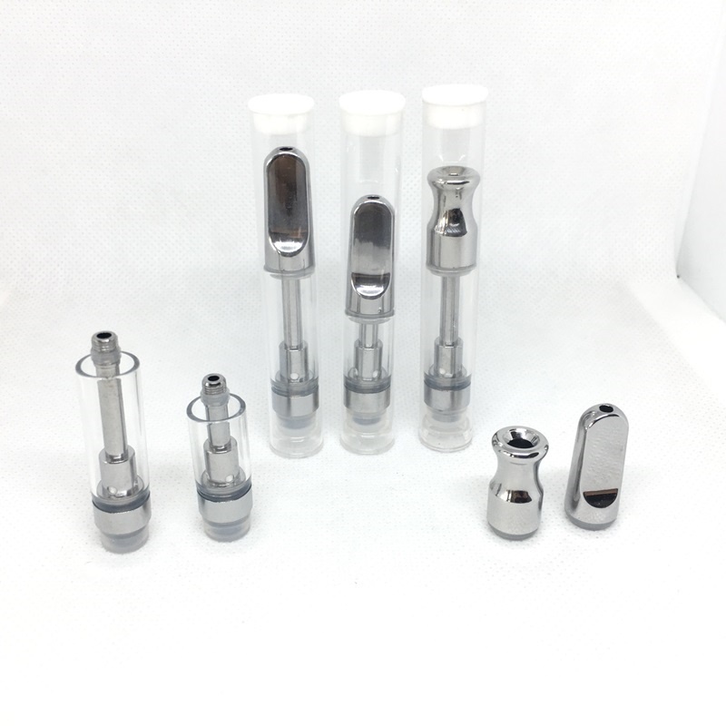

TH210 Empty Vape Cartridges 0.5ml 1.0ml Glass Vape Metal Flat / Round Drip Tip Silver 510 Thick Oil Cartridge Vaporizer DHL Free