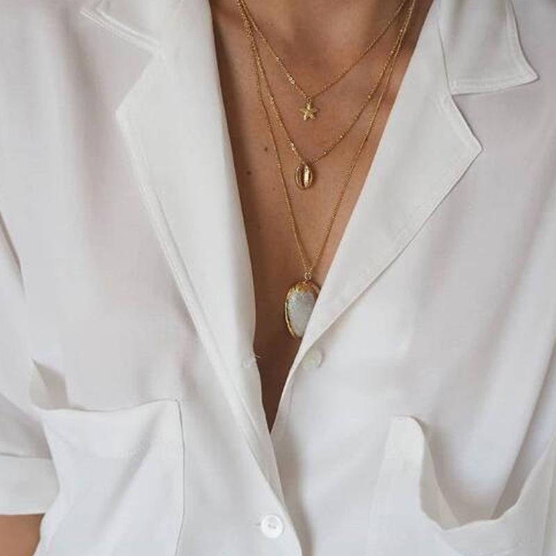 

3Pcs/Set Vintage Necklace Conch Shell Starfish Pendant Multilayer Gold Necklace Charm Lady Birthday Party Jewelry